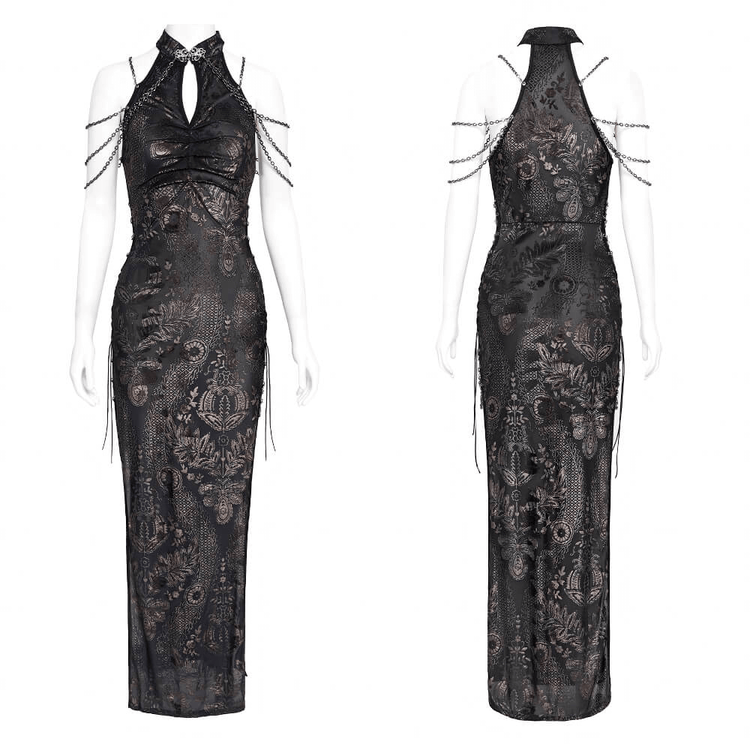 Elegant Long Gothic Lace Dress with Chain Detail - image 3
