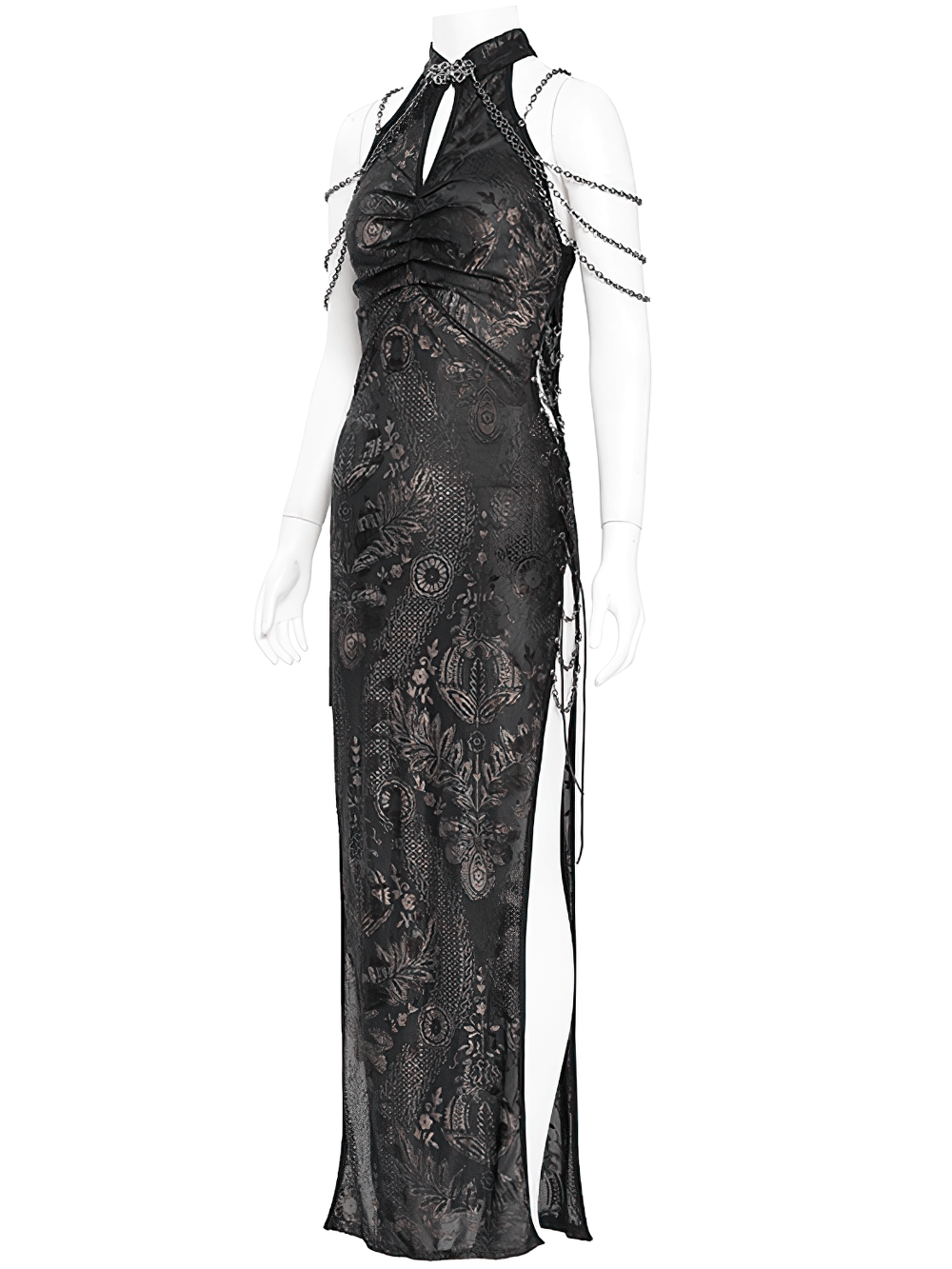 Elegant Long Gothic Lace Dress with Chain Detail - image 5