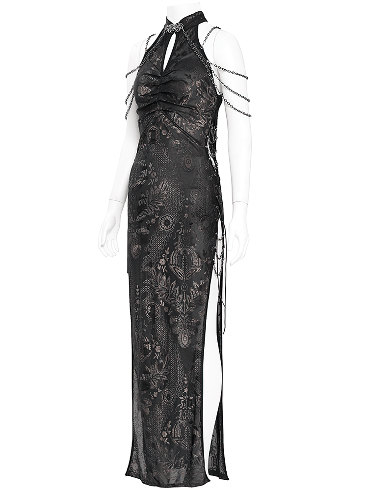 Elegant Long Gothic Lace Dress with Chain Detail - image 5