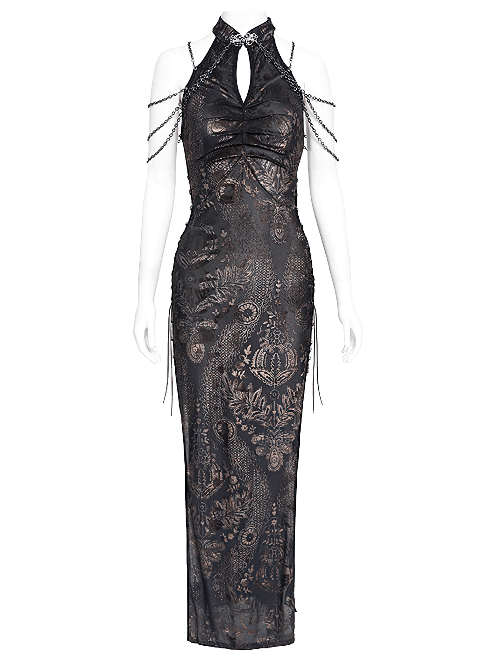 Elegant Long Gothic Lace Dress with Chain Detail - image 4