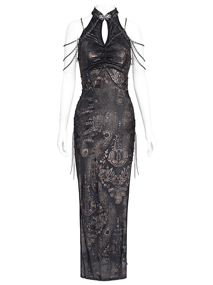 Elegant Long Gothic Lace Dress with Chain Detail - image 4