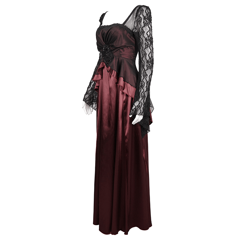 Elegant Long Trumpet Black Lace Sleeves Wine Red Dress / Women's Square Neck and Appliqued Dress - image 4