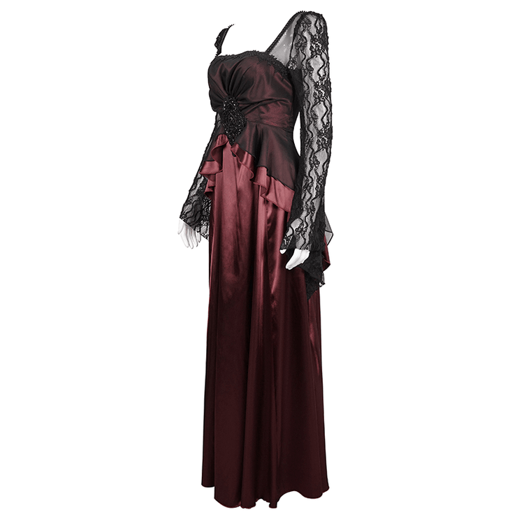 Elegant Long Trumpet Black Lace Sleeves Wine Red Dress / Women's Square Neck and Appliqued Dress - image 4