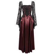 Elegant Long Trumpet Black Lace Sleeves Wine Red Dress / Women's Square Neck and Appliqued Dress - image 3