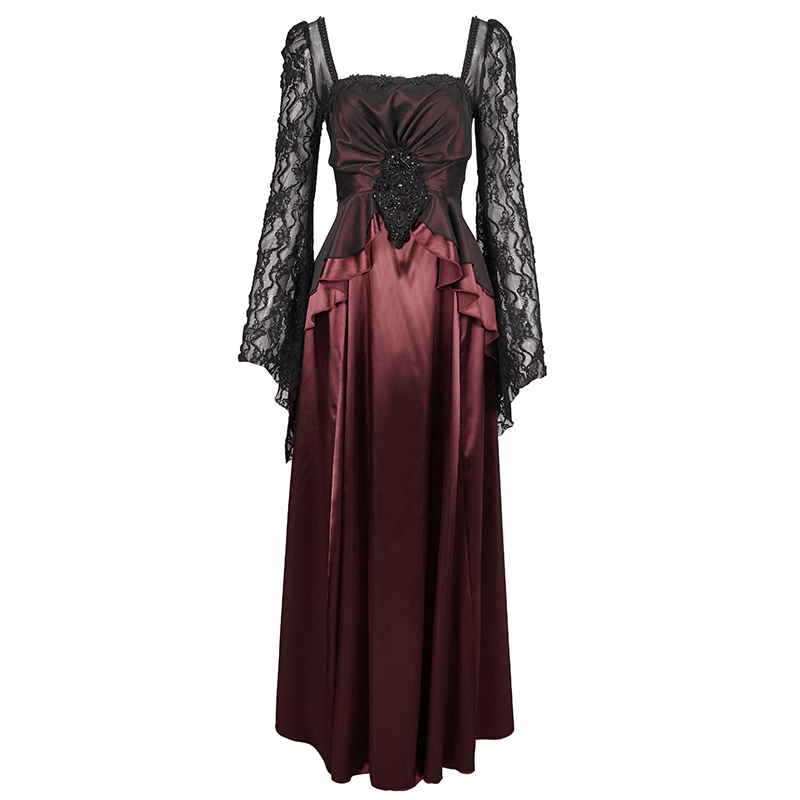 Elegant Long Trumpet Black Lace Sleeves Wine Red Dress / Women's Square Neck and Appliqued Dress - image 3