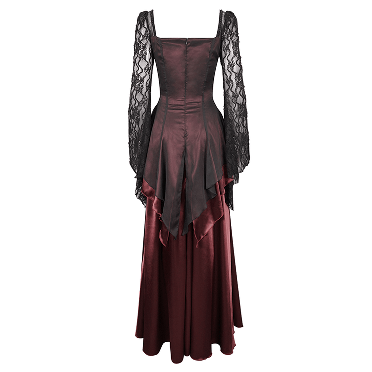 Elegant Long Trumpet Black Lace Sleeves Wine Red Dress / Women's Square Neck and Appliqued Dress - image 5