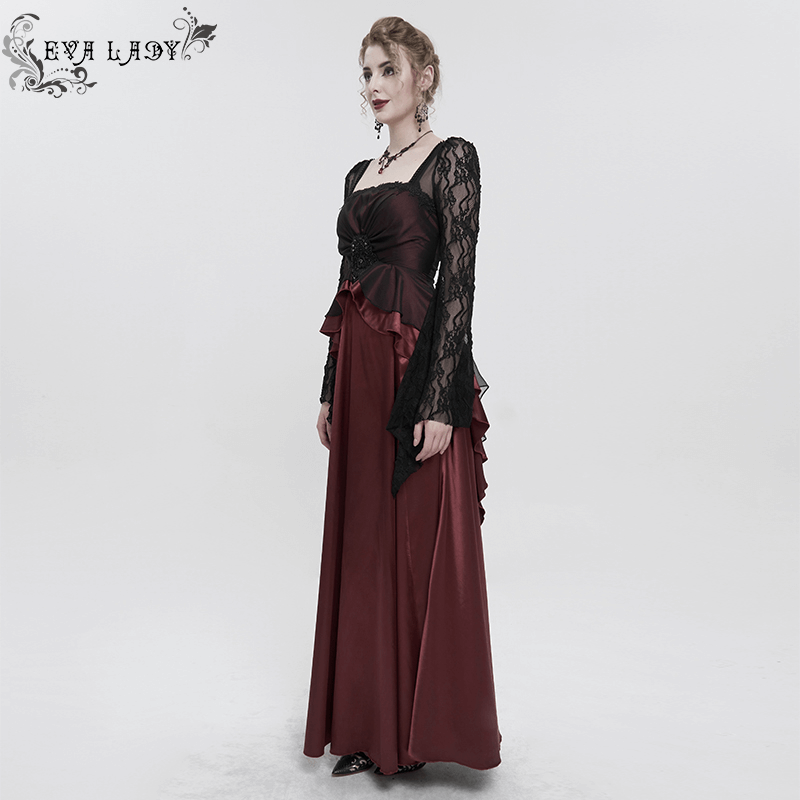 Elegant Long Trumpet Black Lace Sleeves Wine Red Dress / Women's Square Neck and Appliqued Dress - image 14