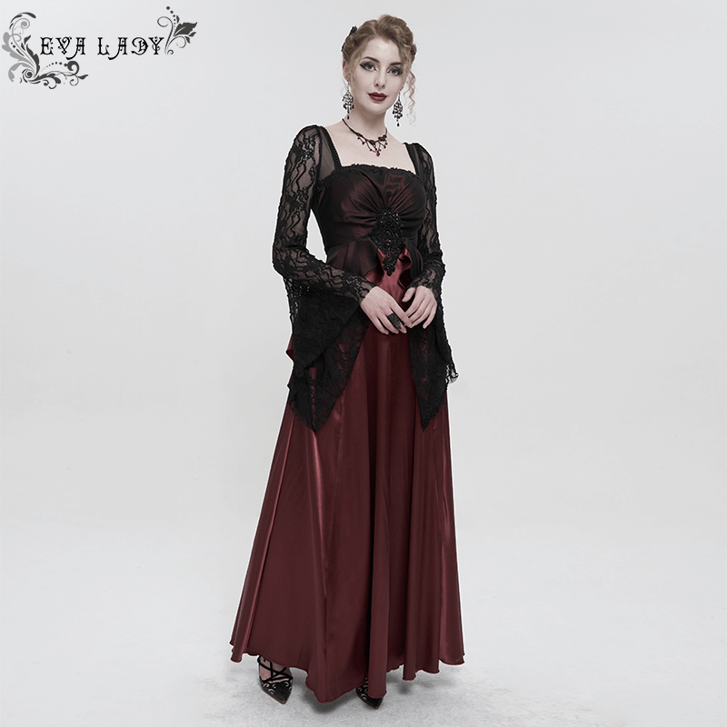 Elegant Long Trumpet Black Lace Sleeves Wine Red Dress / Women's Square Neck and Appliqued Dress - image 13