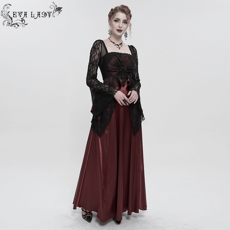 Elegant Long Trumpet Black Lace Sleeves Wine Red Dress / Women's Square Neck and Appliqued Dress - image 13