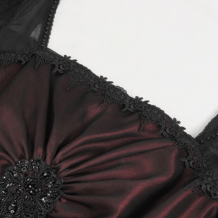Elegant Long Trumpet Black Lace Sleeves Wine Red Dress / Women's Square Neck and Appliqued Dress - image 8