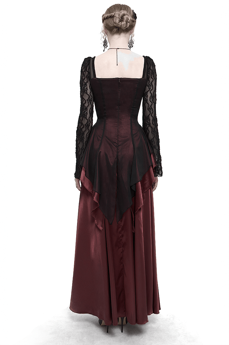 Elegant Long Trumpet Black Lace Sleeves Wine Red Dress / Women's Square Neck and Appliqued Dress - image 2
