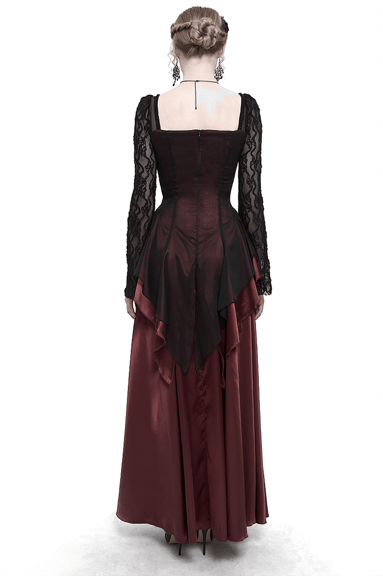 Elegant Long Trumpet Black Lace Sleeves Wine Red Dress / Women's Square Neck and Appliqued Dress - image 2