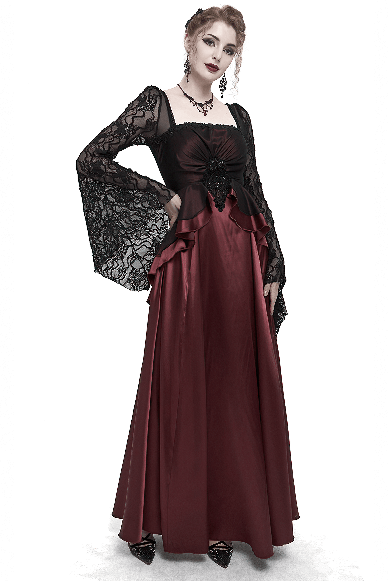 Elegant Long Trumpet Black Lace Sleeves Wine Red Dress / Women's Square Neck and Appliqued Dress - image 1