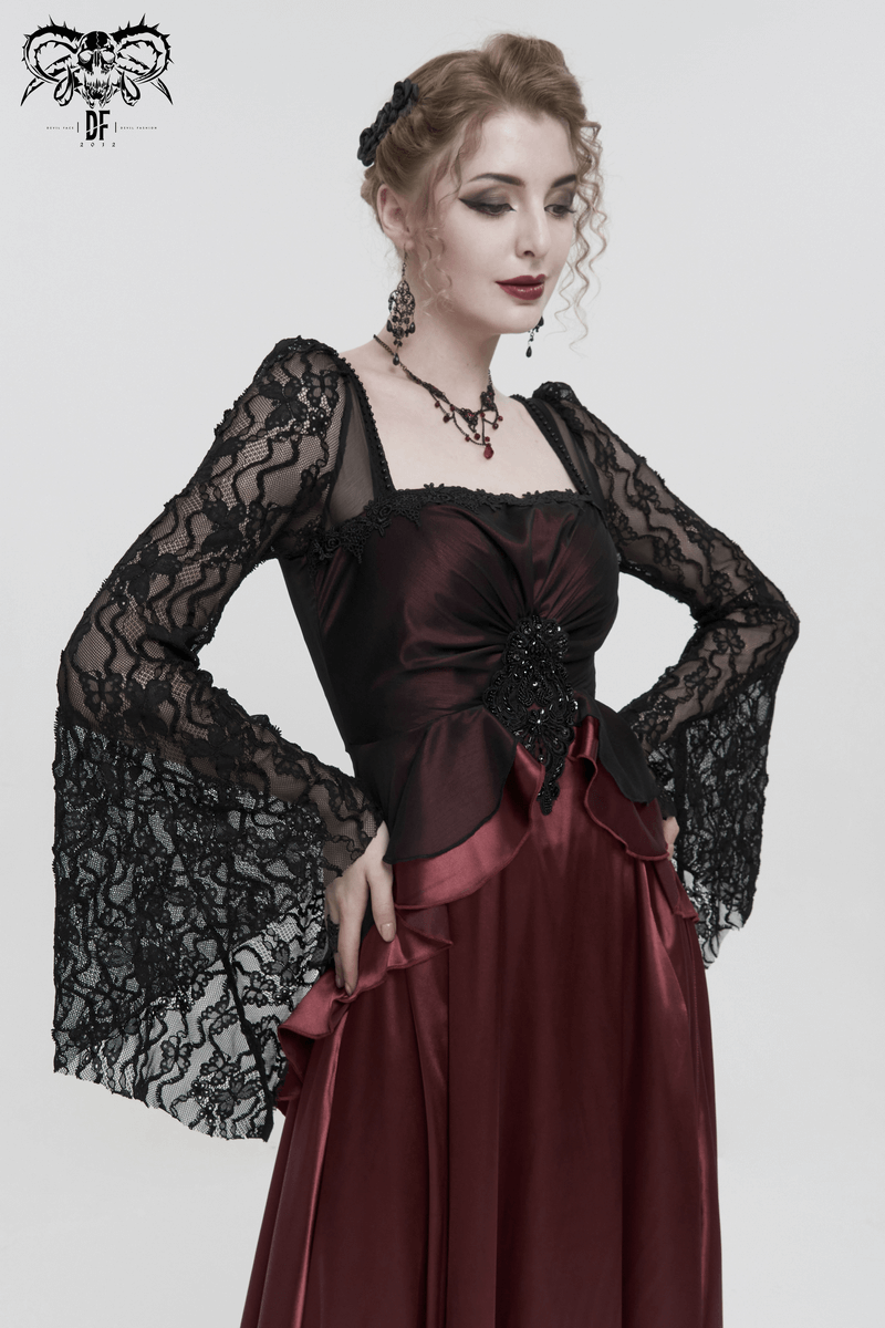 Elegant Long Trumpet Black Lace Sleeves Wine Red Dress / Women's Square Neck and Appliqued Dress - image 12