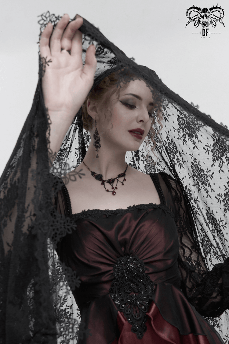 Elegant Long Trumpet Black Lace Sleeves Wine Red Dress / Women's Square Neck and Appliqued Dress - image 11