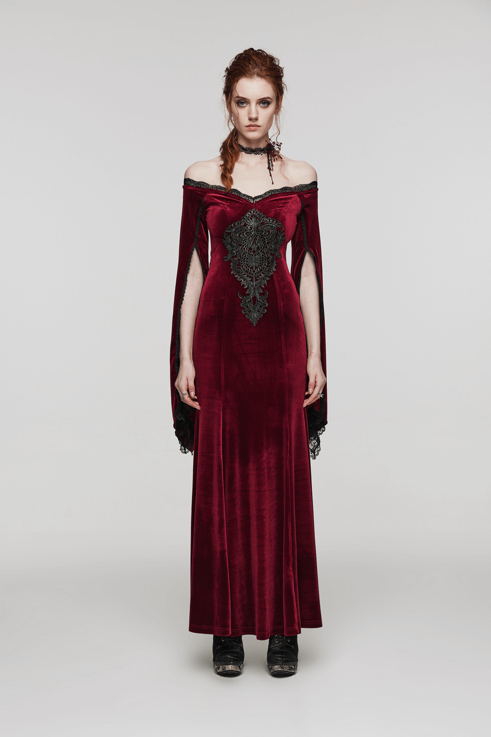 Elegant Red Velvet Gothic Dress with Lace Sleeves - image 11