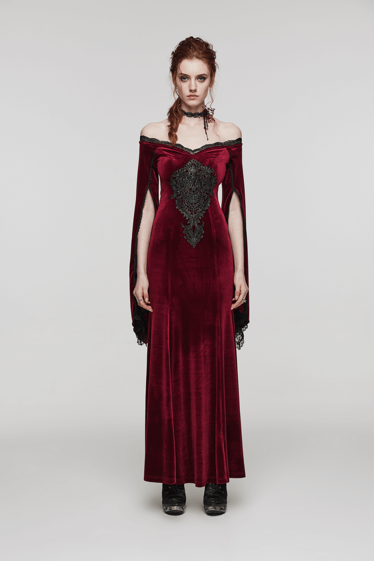 Elegant Red Velvet Gothic Dress with Lace Sleeves - image 11