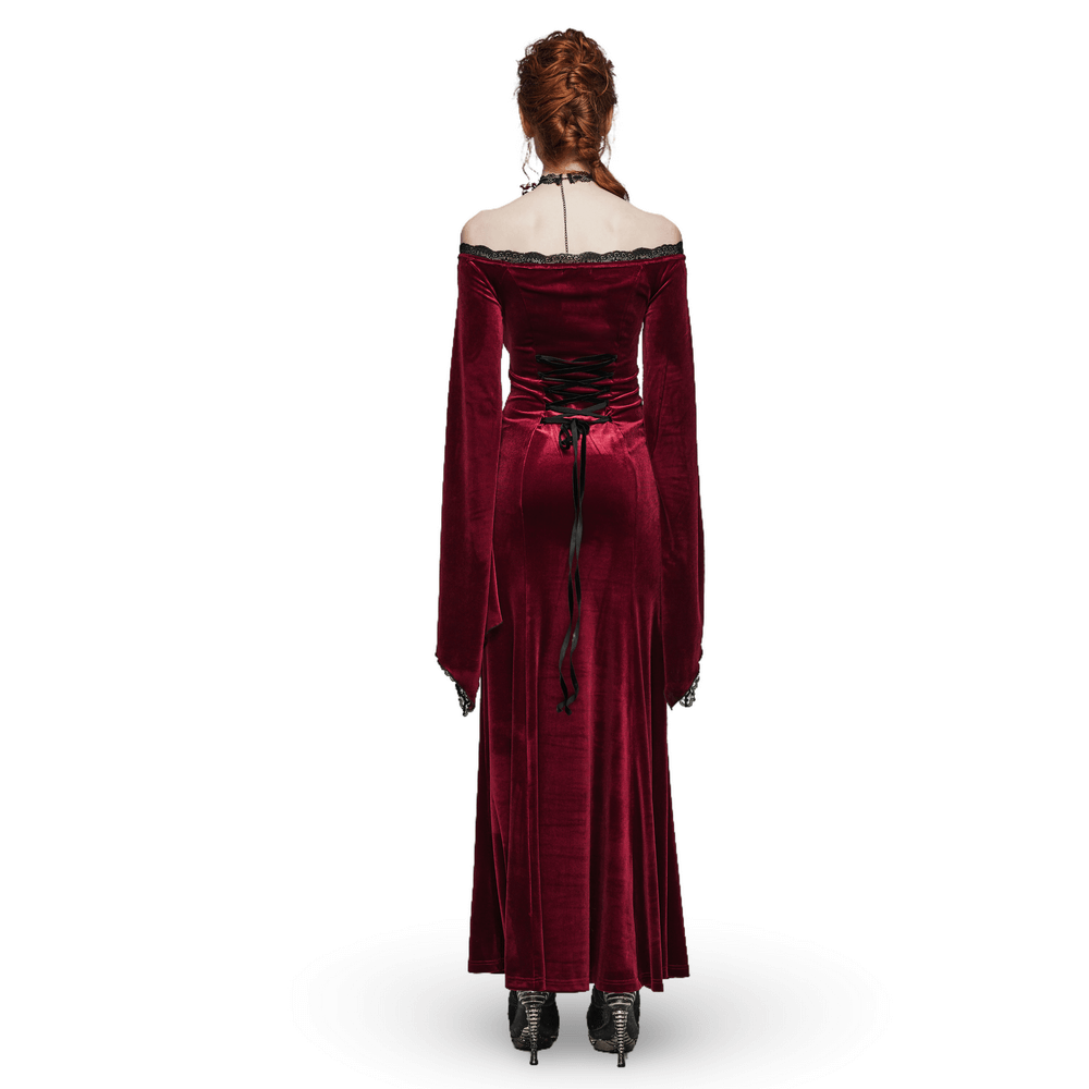 Elegant Red Velvet Gothic Dress with Lace Sleeves - image 2