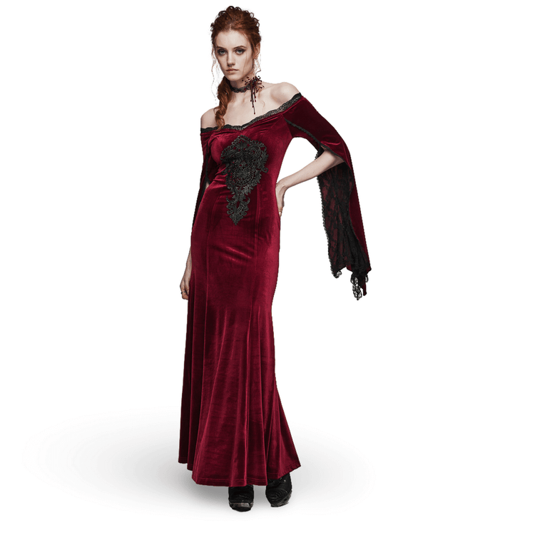Elegant Red Velvet Gothic Dress with Lace Sleeves - image 1