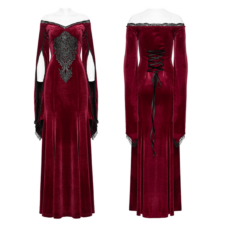Elegant Red Velvet Gothic Dress with Lace Sleeves - image 3