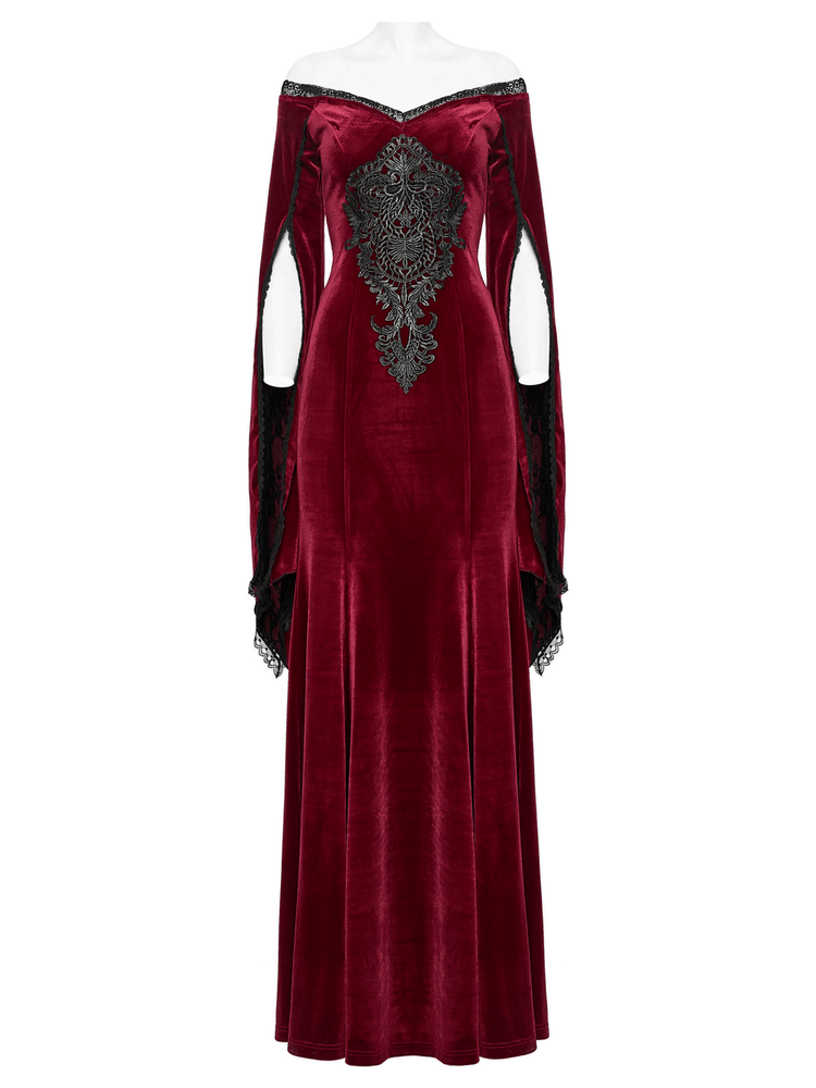 Elegant Red Velvet Gothic Dress with Lace Sleeves - image 4