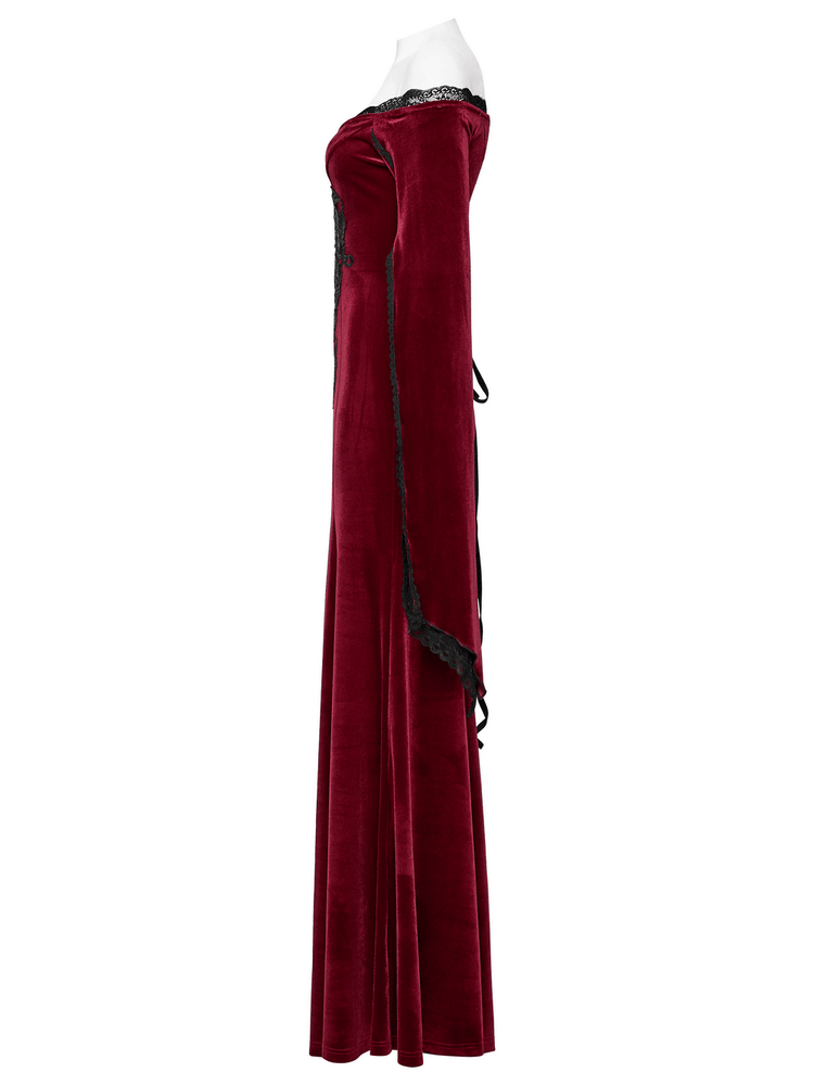 Elegant Red Velvet Gothic Dress with Lace Sleeves - image 5