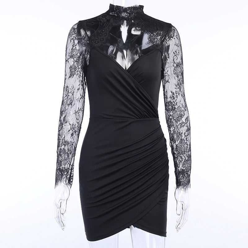 Elegant Sexy Lace Spliced Dress for Ladies / Women Slim Mini Party Dress with Long Sleeves - image 5