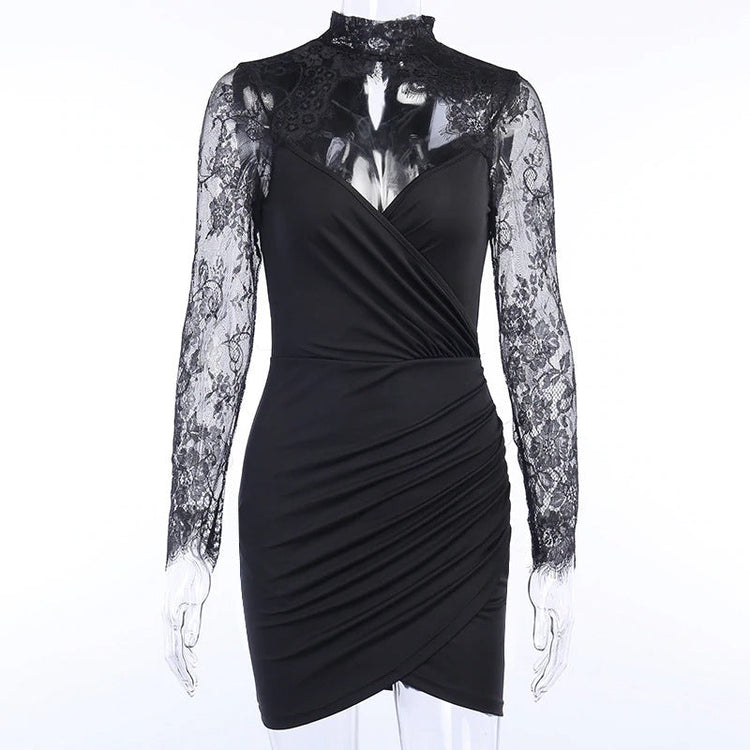 Elegant Sexy Lace Spliced Dress for Ladies / Women Slim Mini Party Dress with Long Sleeves - image 5