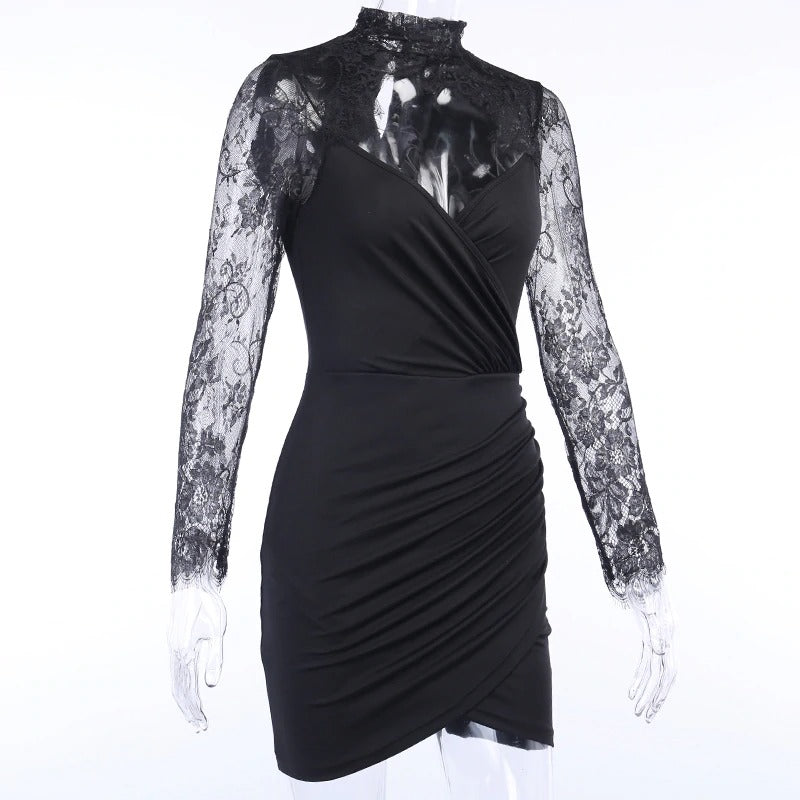 Elegant Sexy Lace Spliced Dress for Ladies / Women Slim Mini Party Dress with Long Sleeves - image 3