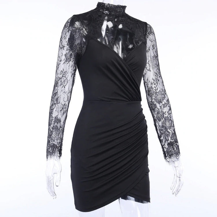 Elegant Sexy Lace Spliced Dress for Ladies / Women Slim Mini Party Dress with Long Sleeves - image 3