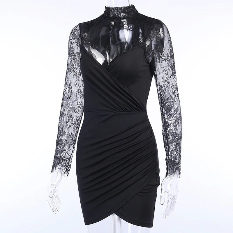 Elegant Sexy Lace Spliced Dress for Ladies / Women Slim Mini Party Dress with Long Sleeves - image 4