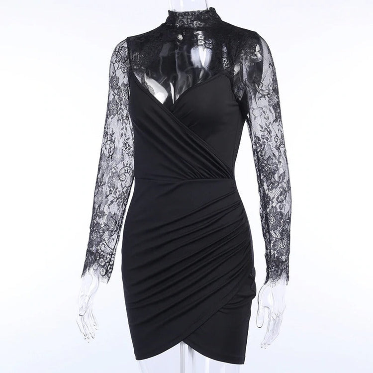 Elegant Sexy Lace Spliced Dress for Ladies / Women Slim Mini Party Dress with Long Sleeves - image 4