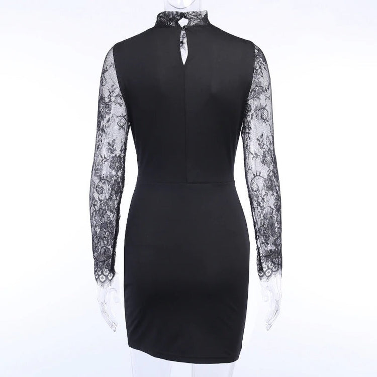 Elegant Sexy Lace Spliced Dress for Ladies / Women Slim Mini Party Dress with Long Sleeves - image 6