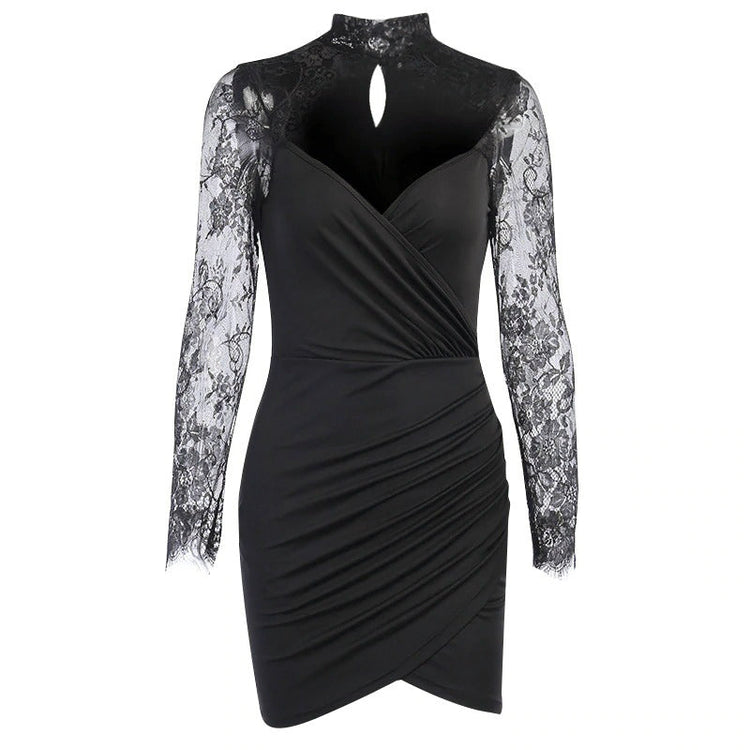 Elegant Sexy Lace Spliced Dress for Ladies / Women Slim Mini Party Dress with Long Sleeves - image 2