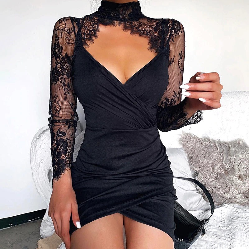 Elegant Sexy Lace Spliced Dress for Ladies / Women Slim Mini Party Dress with Long Sleeves - image 14