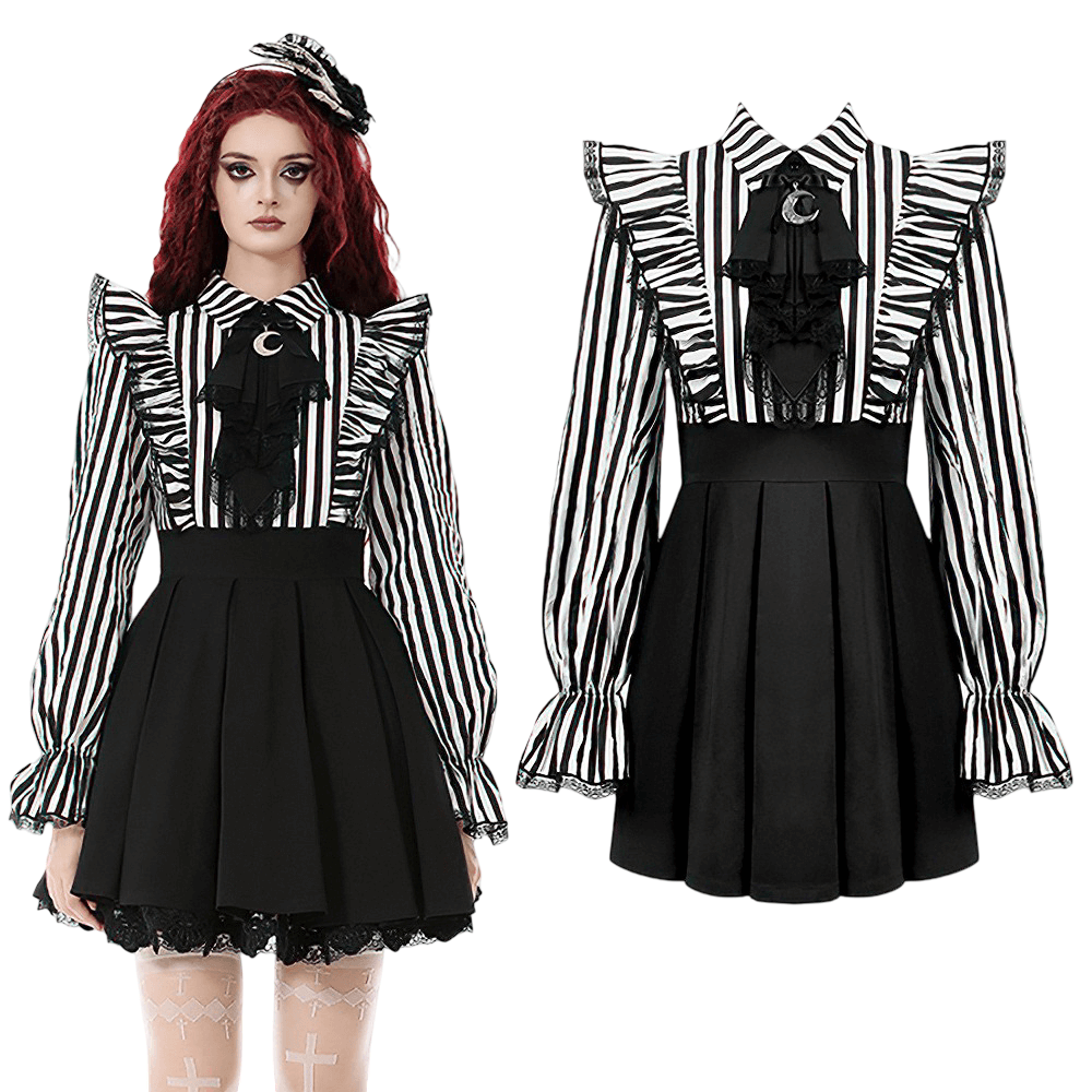 Elegant Striped Dress with Ruffle Sleeves and Moon Detail - image 3