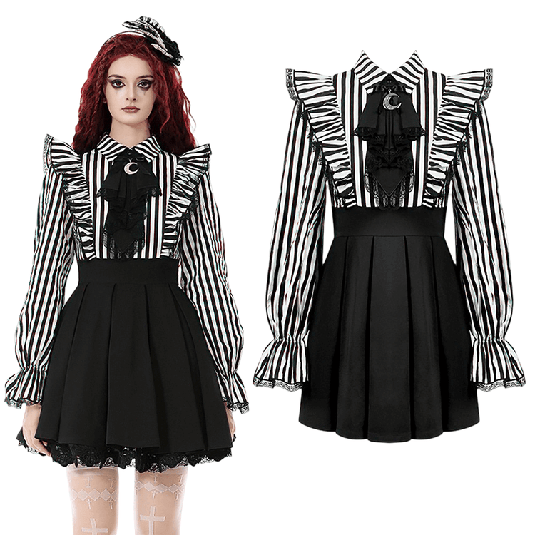 Elegant Striped Dress with Ruffle Sleeves and Moon Detail - image 3