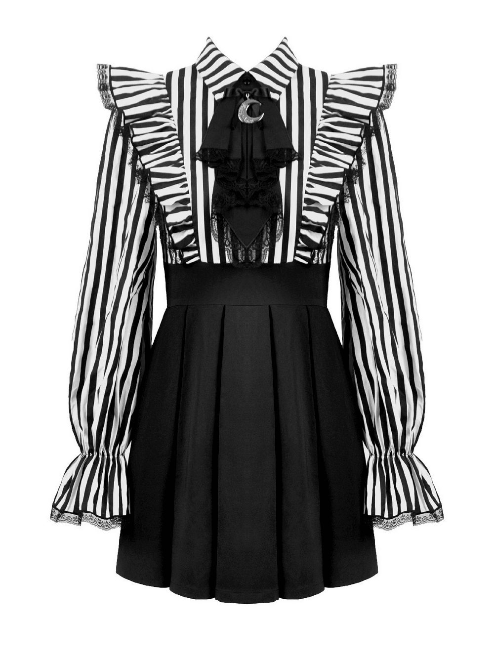 Elegant Striped Dress with Ruffle Sleeves and Moon Detail - image 4