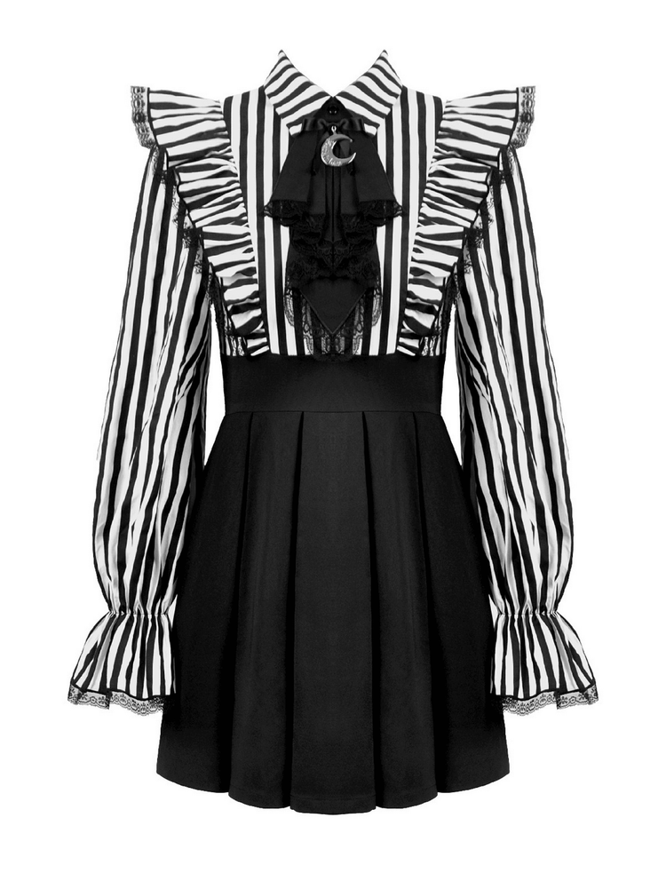 Elegant Striped Dress with Ruffle Sleeves and Moon Detail - image 4