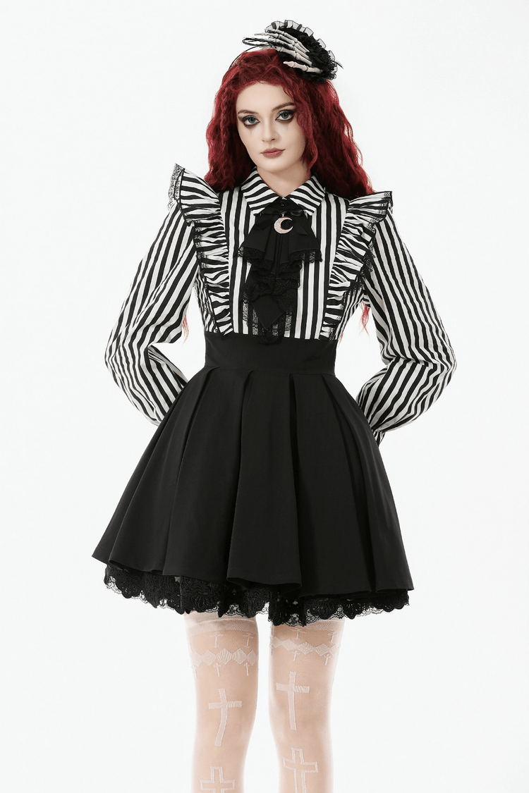 Elegant Striped Dress with Ruffle Sleeves and Moon Detail - image 11