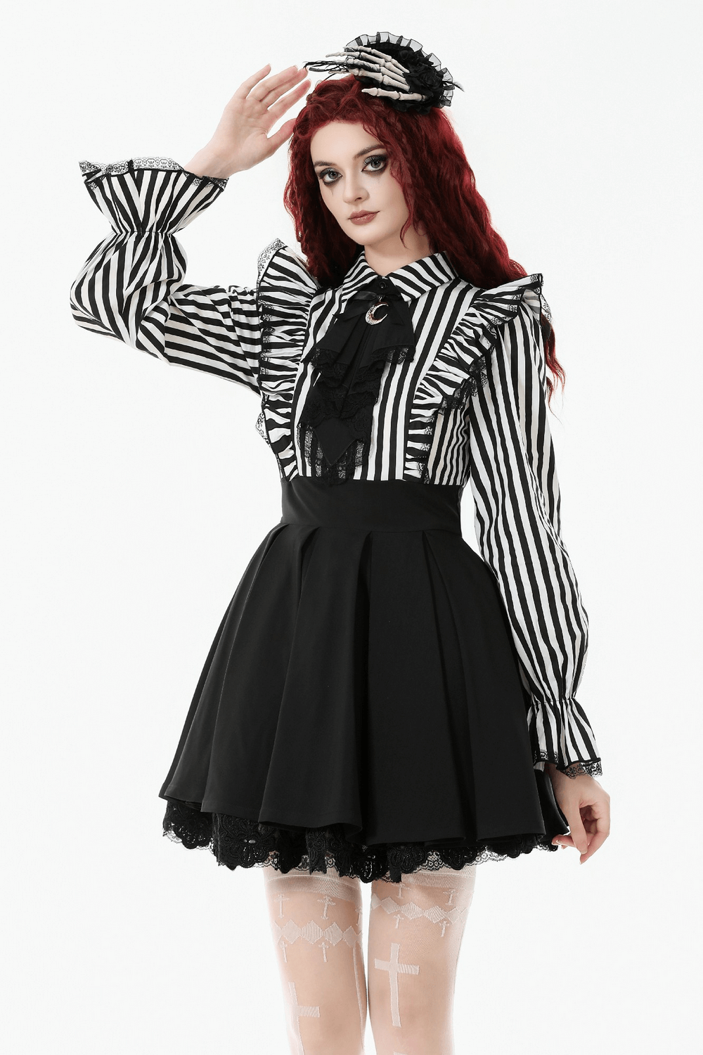 Elegant Striped Dress with Ruffle Sleeves and Moon Detail - image 12