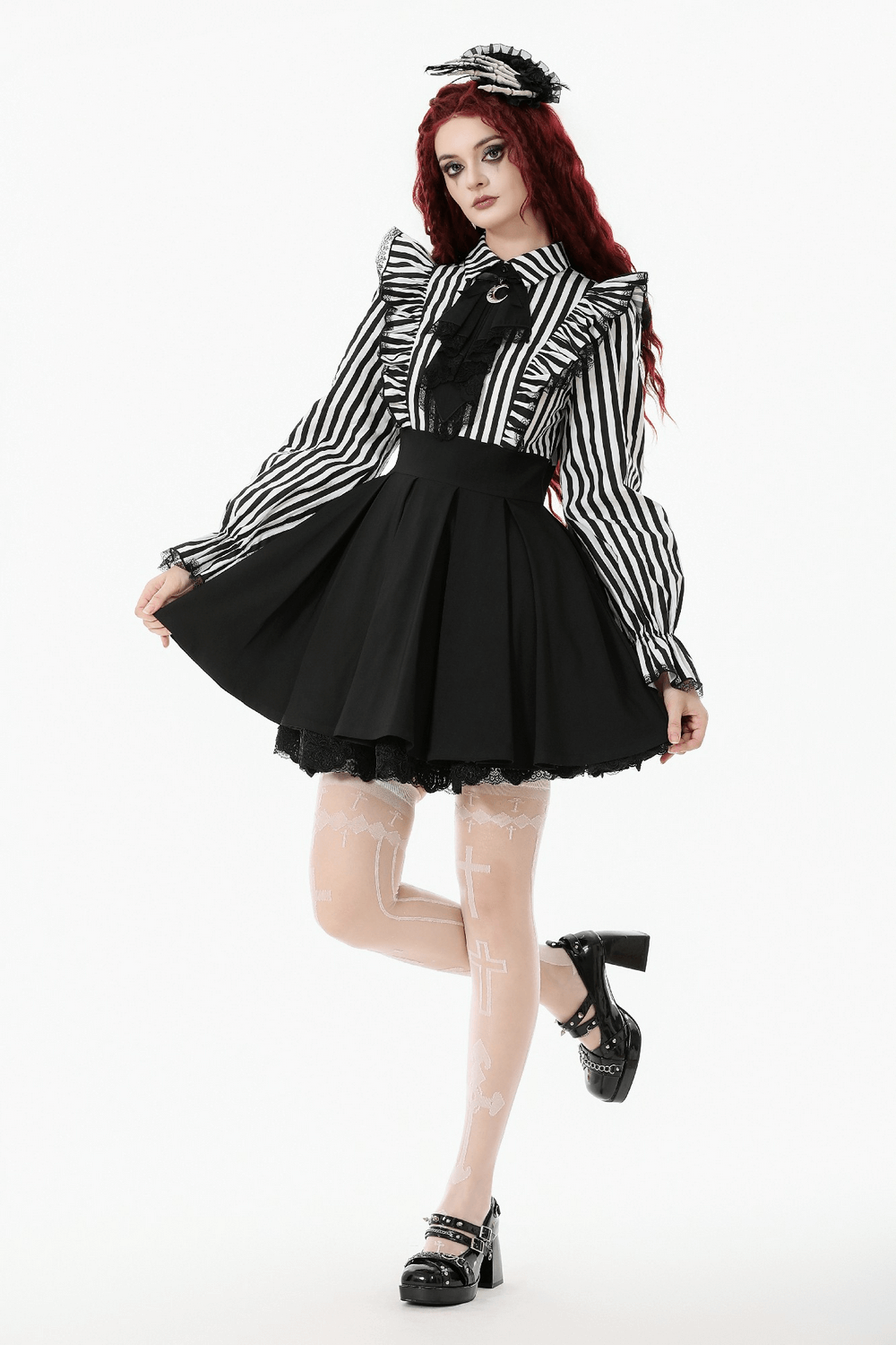 Elegant Striped Dress with Ruffle Sleeves and Moon Detail - image 13