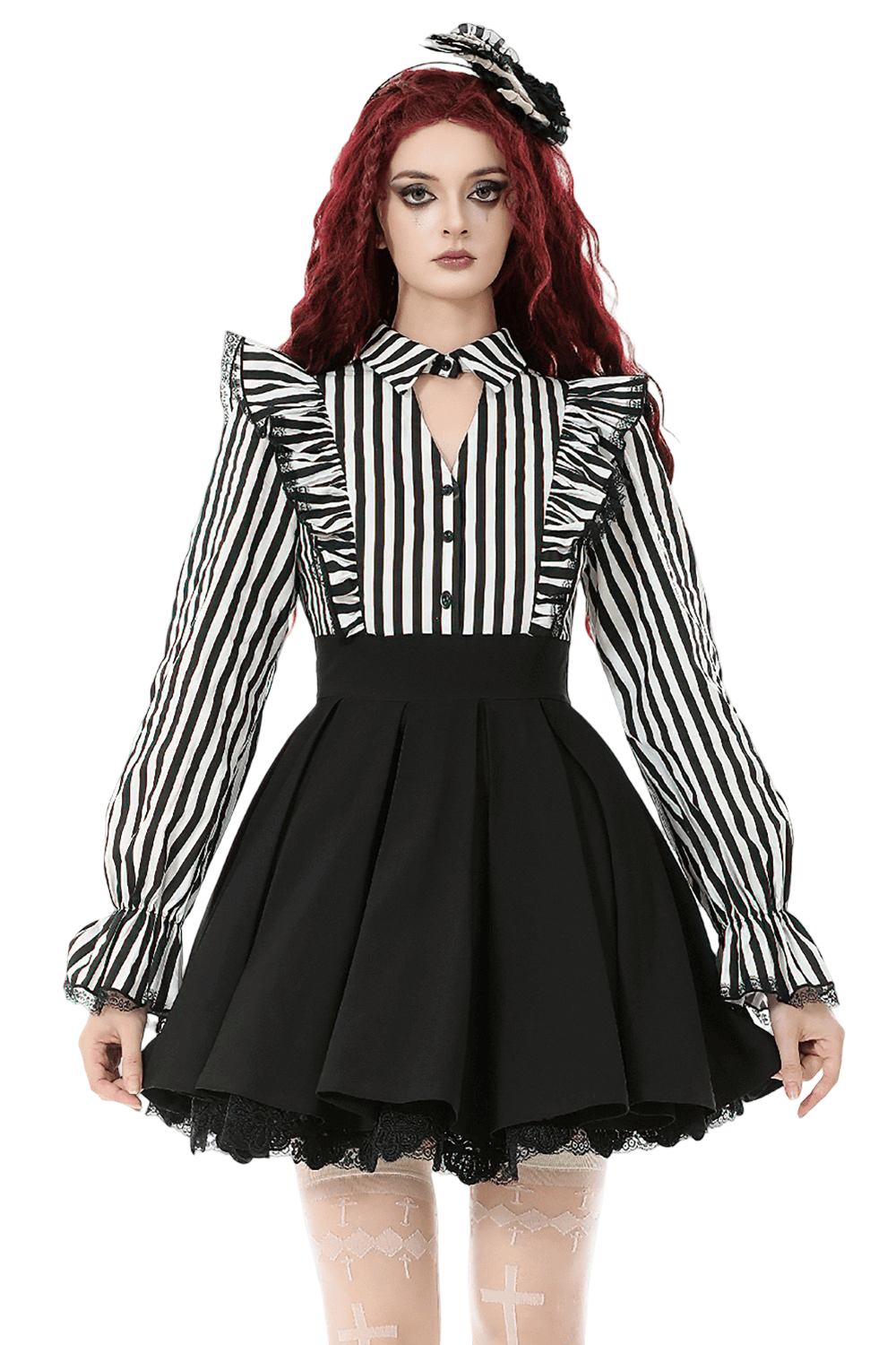 Elegant Striped Dress with Ruffle Sleeves and Moon Detail - image 1
