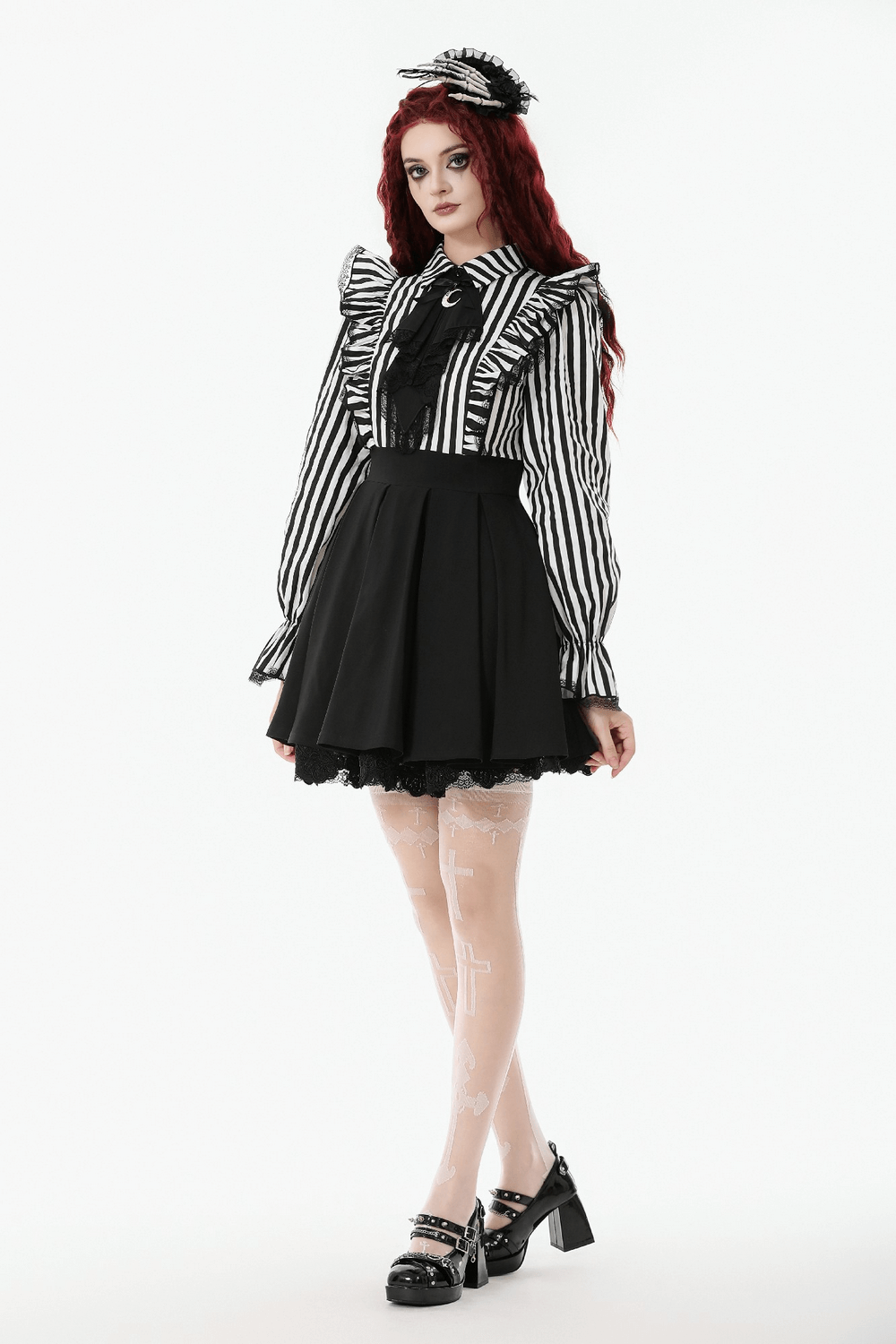Elegant Striped Dress with Ruffle Sleeves and Moon Detail - image 14