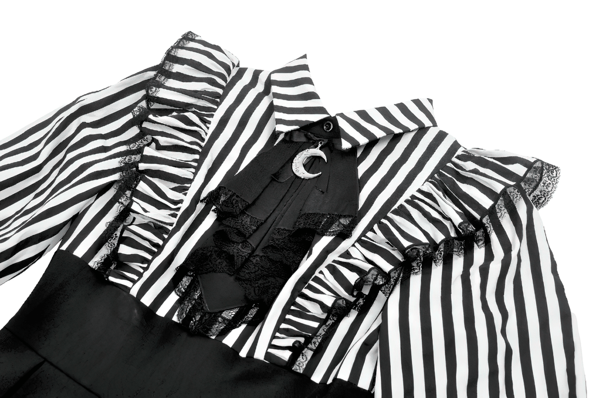 Elegant Striped Dress with Ruffle Sleeves and Moon Detail - image 6