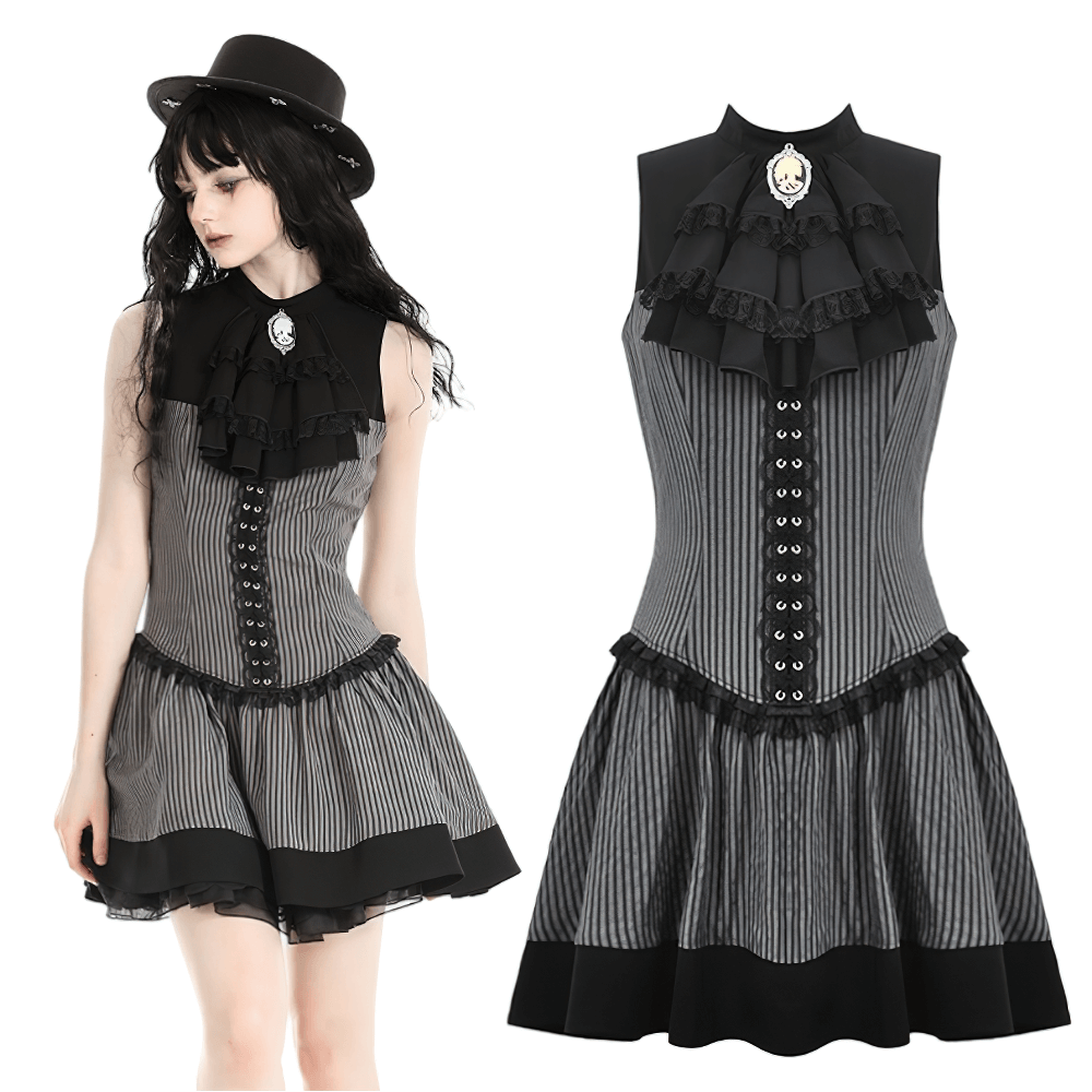 Elegant Striped Ruffle Dress with Brooch Accent - image 3