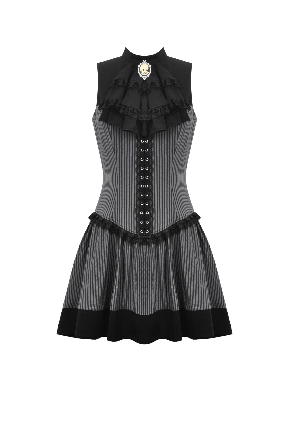 Elegant Striped Ruffle Dress with Brooch Accent - image 4