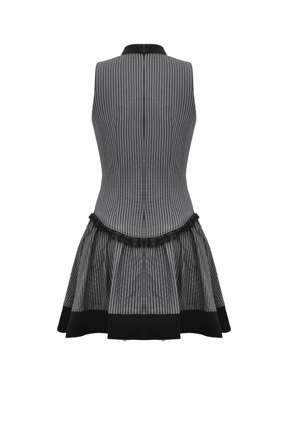 Elegant Striped Ruffle Dress with Brooch Accent - image 5