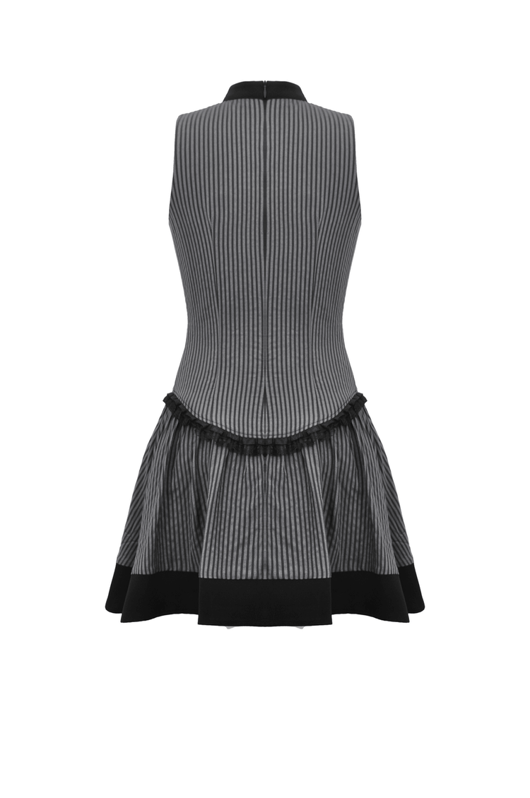 Elegant Striped Ruffle Dress with Brooch Accent - image 5