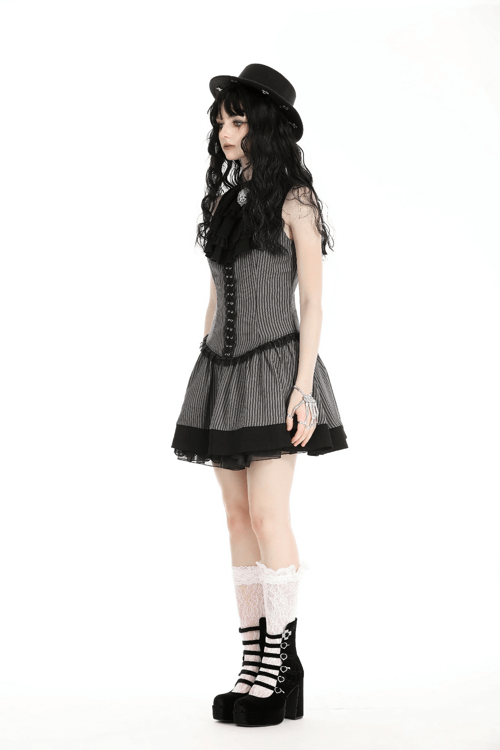 Elegant Striped Ruffle Dress with Brooch Accent - image 14